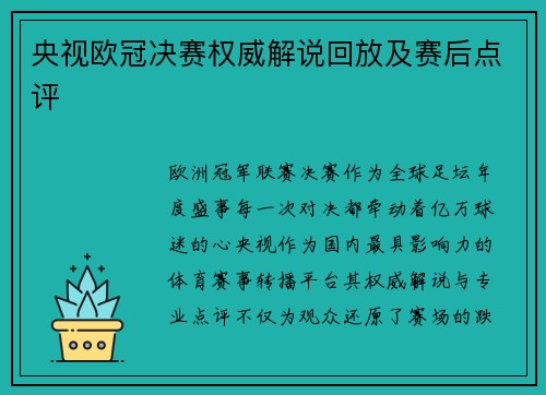 央视欧冠决赛权威解说回放及赛后点评
